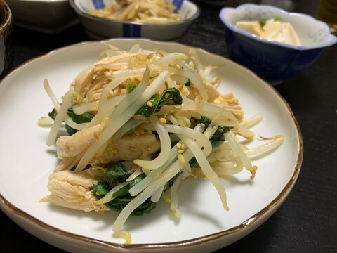 鶏胸肉とモロヘイヤのわさび醤油和え